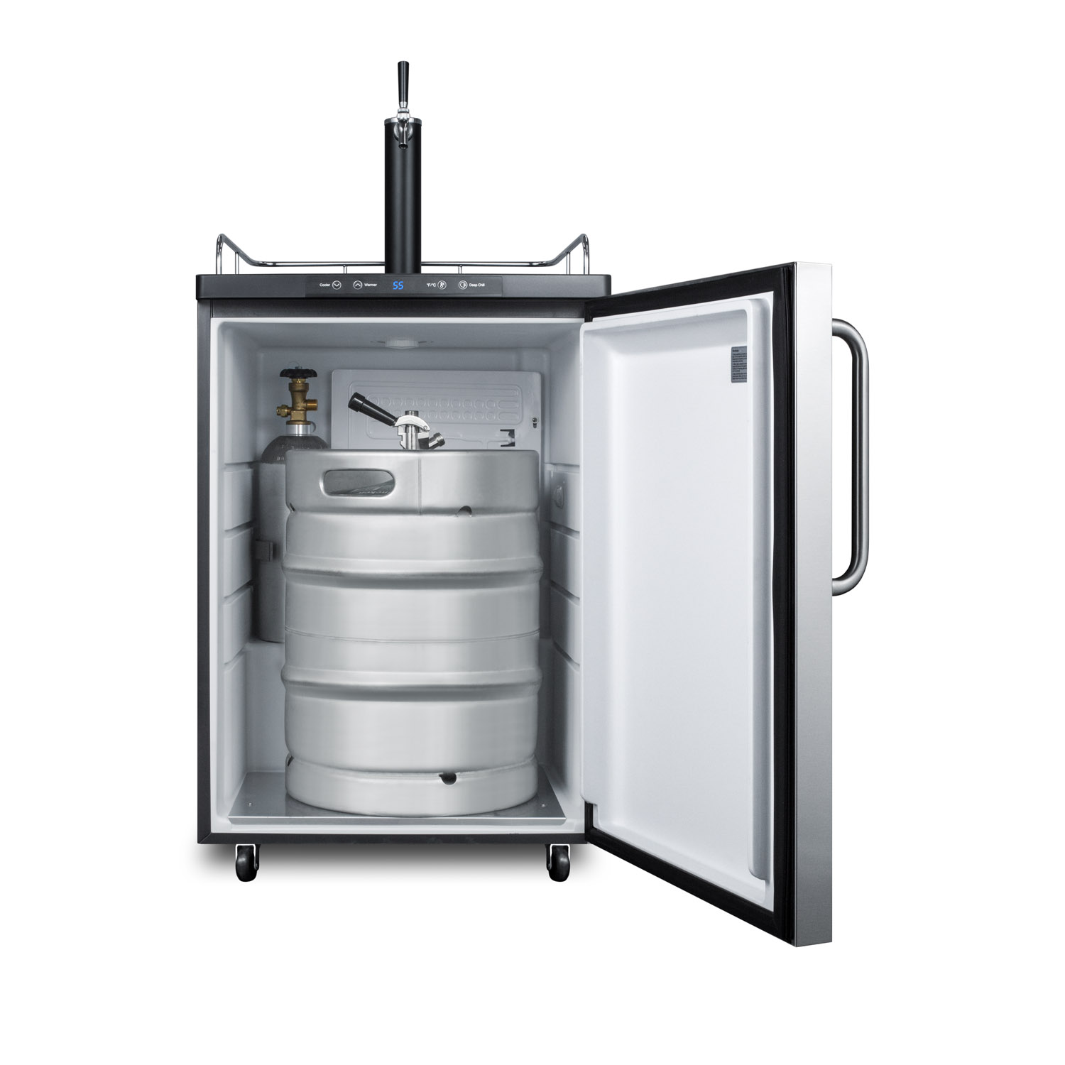 Freestanding residential beer dispenser, auto defrost with digital thermostat, stainless steel wrapped door, towel bar handle and black cabinet
